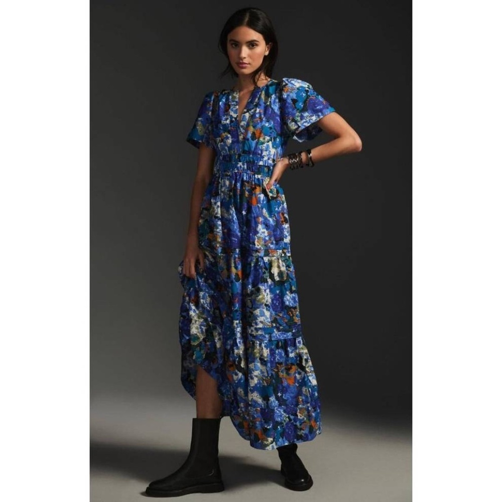 Anthropologie Somerset Maxi Dress, blue & orange, size L, EUC